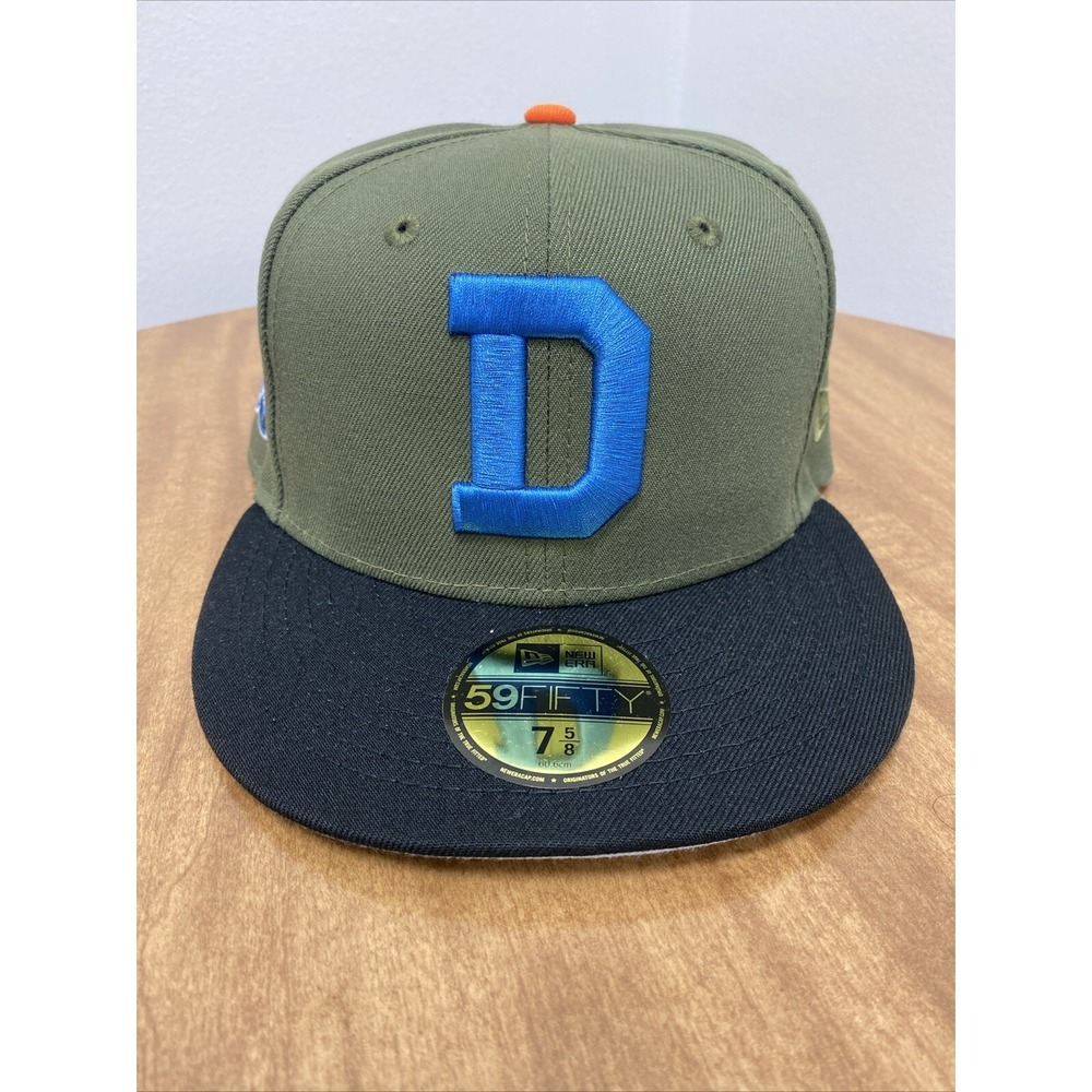 New Era Detroit Tigers 59FIFTY Fitted Hat Cap Tiger Stadium Patch‎ 7 5/8 Olive